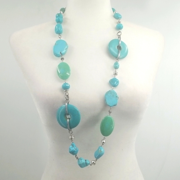 Chico's Turquoise & Silver Southwest Long-line Necklace Cowboy Native Western - Picture 1 of 8